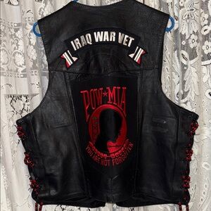 Black Leather Vest with Red POW MIA Design